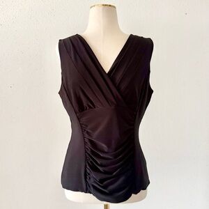 WHBM Pleated V-Neck Sleeveless Top with Ruched Front Black Women's Size Medium M